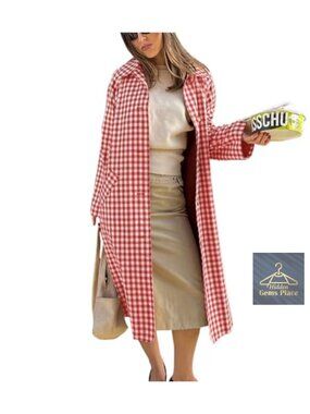Women's Plaid Long Trench Coat Single Breasted Lapel Long Sleeve Button Down